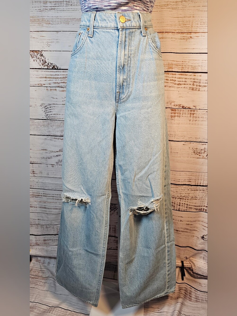 MOTHER SNACKS Fun Dip Puddle Distressed Wide Leg Jeans 26 NWT